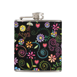 Hand Drawn Doodle Colourful Floral seamless patter Hip Flask