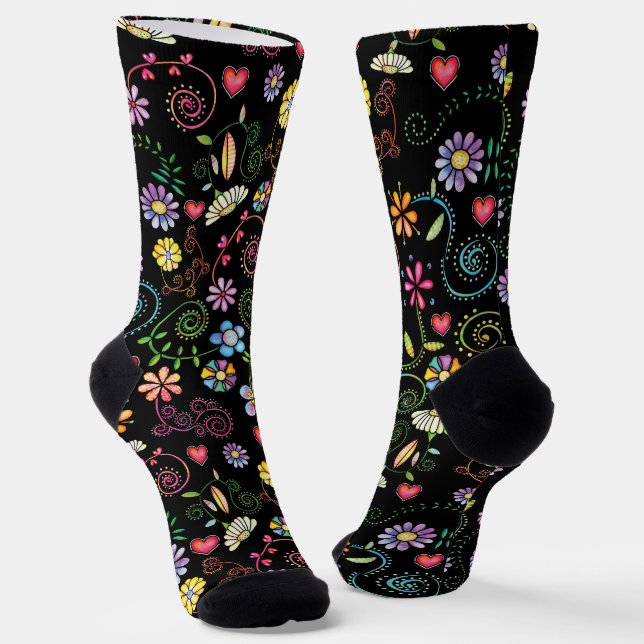 Hand Drawn Doodle Colourful Floral seamless patter Socks (Angled)
