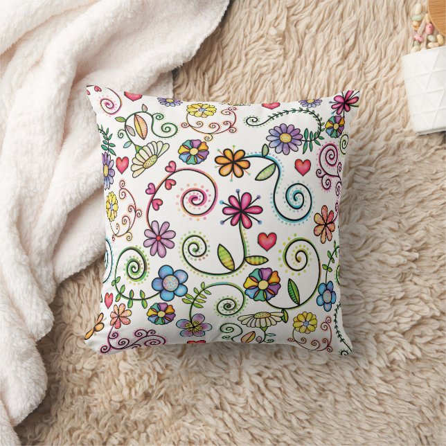 Hand Drawn Doodle Colourful Floral seamless patter Throw Pillow (Blanket)