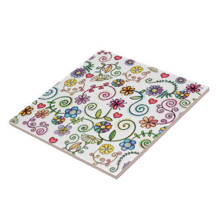 Hand Drawn Doodle Colourful Floral seamless patter Tile