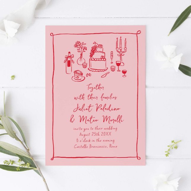 Hand Drawn Doodle Food and Drink Pink-Red Wedding Invitation (pink quirky hand-drawn wedding invitation)