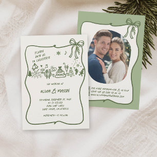 Hand-Drawn Doodle Frame Bow Sage Winter QR Wedding Invitation