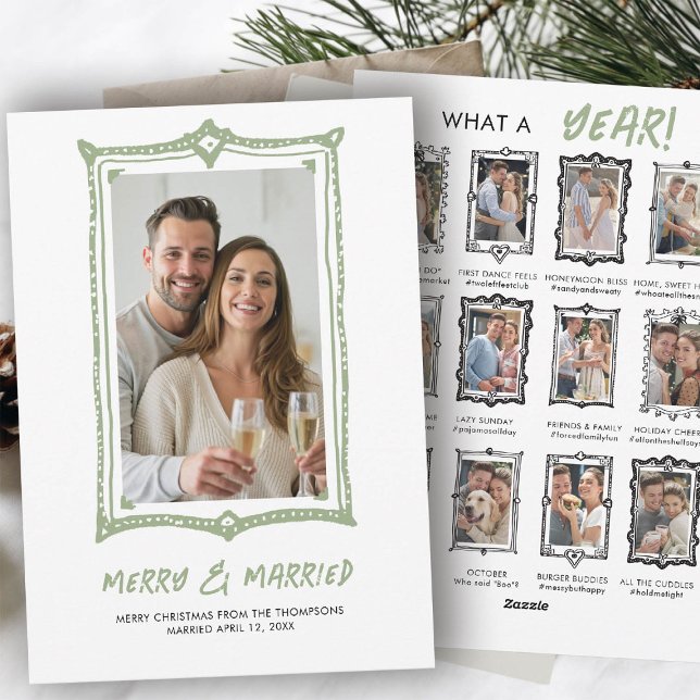 Hand Drawn Doodle Frames First Christmas Married Holiday Card (hand drawn first year married christmas card photo collage newlywed wedding anniversary review)