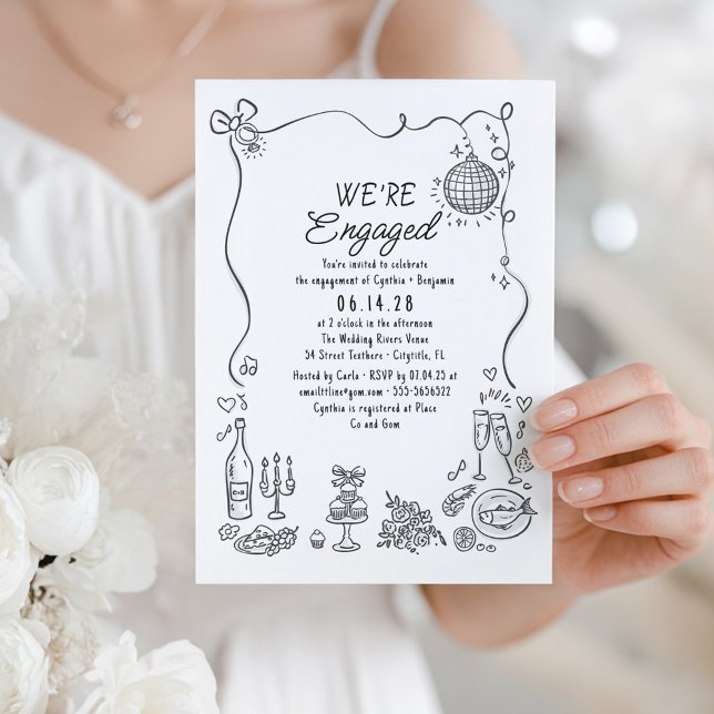 Hand Drawn Doodle Funky Whimsical Engagement Party Invitation (Whimsical Hand Drawn Quirky Doodles Cute Engagement Party Invitation)