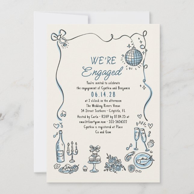 Hand Drawn Doodle Funky Whimsical Engagement Party Invitation (Front)