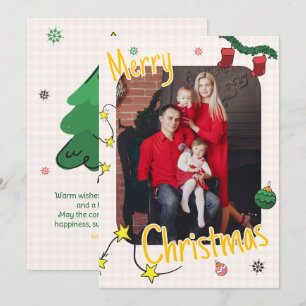 Hand Drawn Doodle Gingham Christmas Family Photo Holiday Card