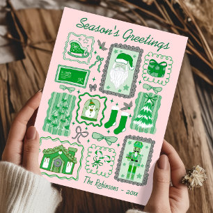 Hand Drawn doodle green pink christmas greeting Card