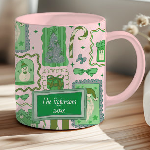 Hand Drawn doodle green pink christmas Mug