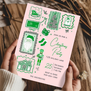Hand Drawn doodle green pink christmas party Invitation