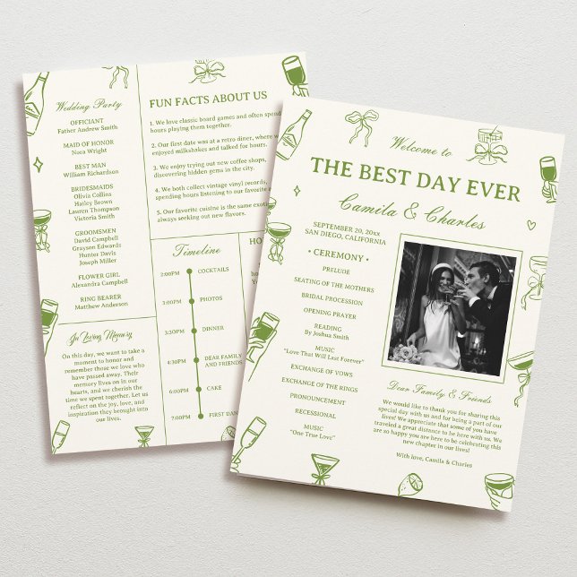 Hand Drawn Doodle Green Wedding  Program (Creator Uploaded)