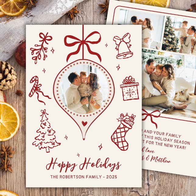 Hand-Drawn Doodle Ivory Red Photo Christmas Happy Holiday Card (Creator Uploaded)