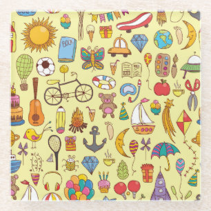 Hand-drawn doodle kids: vintage pattern. glass coaster