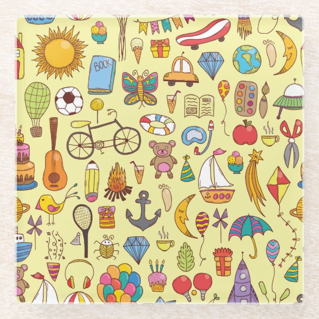 Hand-drawn doodle kids: vintage pattern. glass coaster (Front)