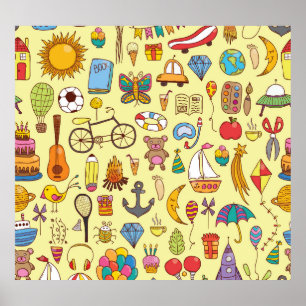 Hand-drawn doodle kids: vintage pattern. poster