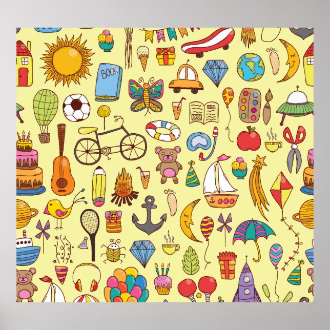 Hand-drawn doodle kids: vintage pattern. poster (Front)
