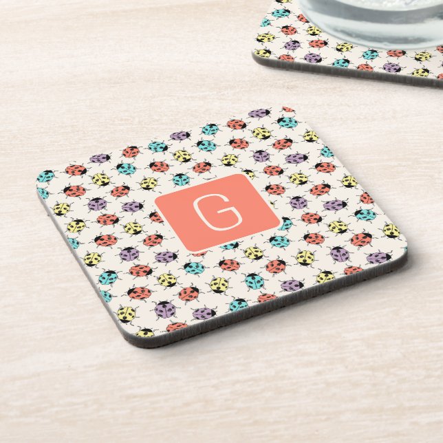 Hand Drawn Doodle Ladybugs Monogram Coaster (Left Side)