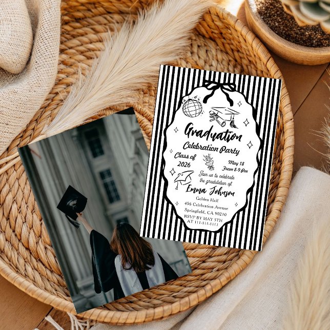 Hand drawn  Doodle Minimalist Stripe Graduation  Invitation (Creator Uploaded)