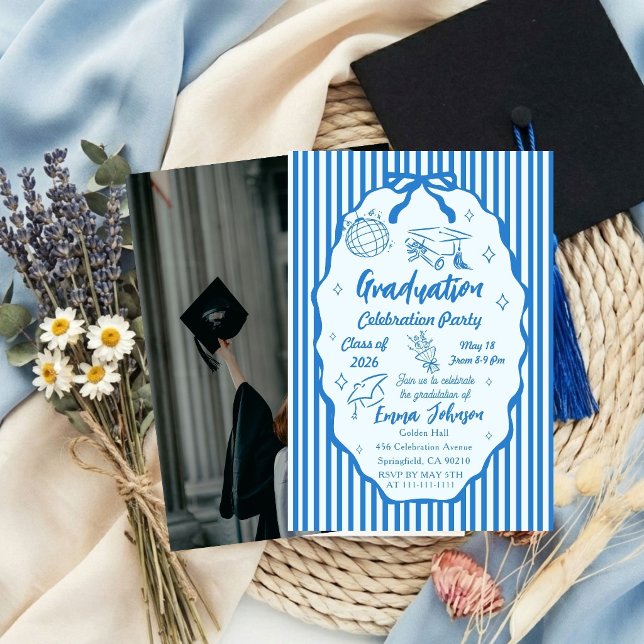 Hand drawn  Doodle Minimalist Stripe Graduation  Invitation (Creator Uploaded)
