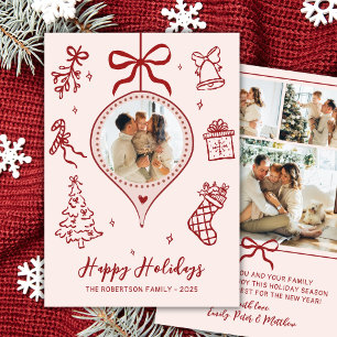 Hand-Drawn Doodle Pink Red Photo Christmas Happy Holiday Card