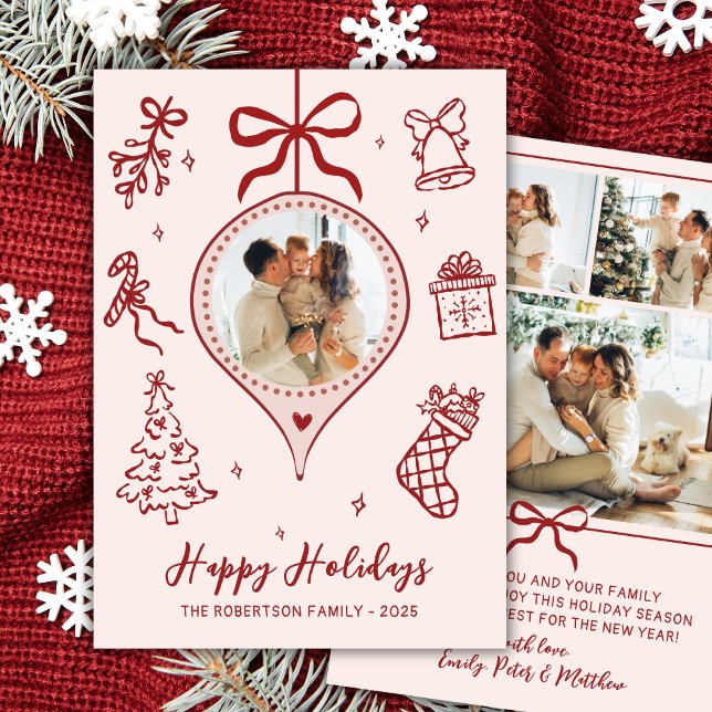 Hand-Drawn Doodle Pink Red Photo Christmas Happy Holiday Card (Creator Uploaded)