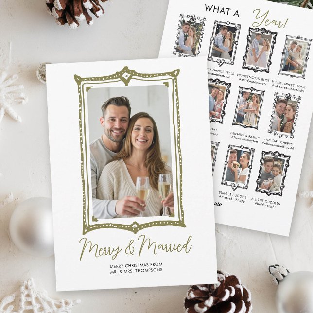 Hand Drawn Doodle Review First Christmas Married Holiday Card (first year married doodle christmas card year in review doodle scribble frames gold black modern fun)