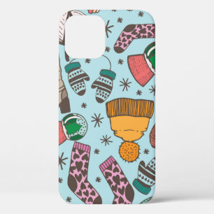 Hand drawn doodle sketch seamless pattern. Winter  iPhone 12 Case