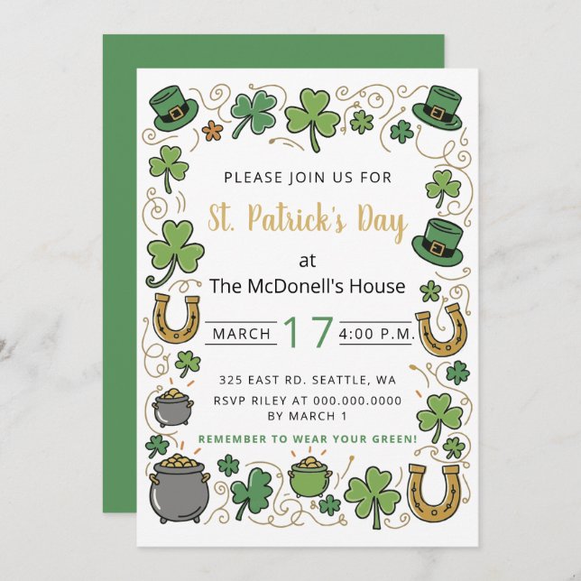 Hand Drawn Doodle Whimsical St Patricks Day  Invitation (Front/Back)