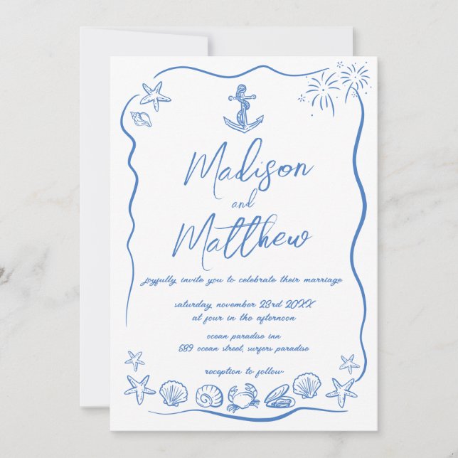 Hand Drawn Doodles Anchor Beach Nautical Wedding  Invitation (Front)