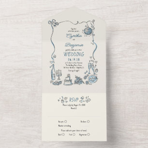 Hand Drawn Doodles Funky Quirky Modern Wedding All In One Invitation