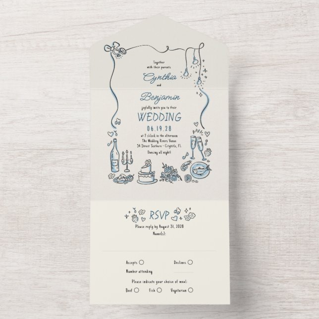 Hand Drawn Doodles Funky Quirky Modern Wedding All In One Invitation (Inside)