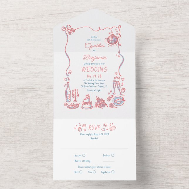 Hand Drawn Doodles Funky Quirky Modern Wedding All In One Invitation (Inside)