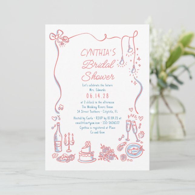 Hand Drawn Doodles Funky Whimsical Bridal Shower Invitation (Standing Front)