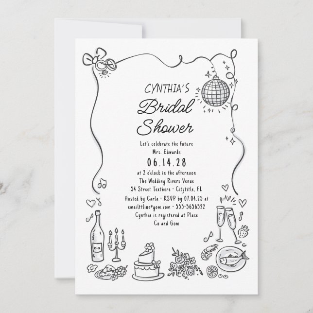Hand Drawn Doodles Funky Whimsical Bridal Shower Invitation (Front)