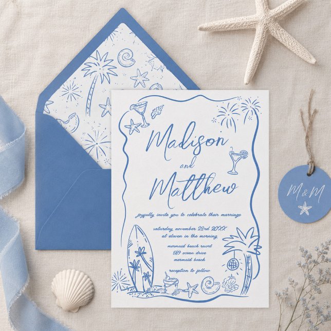 Hand Drawn Doodles Illustrations Beach Wedding Invitation (Creator Uploaded)