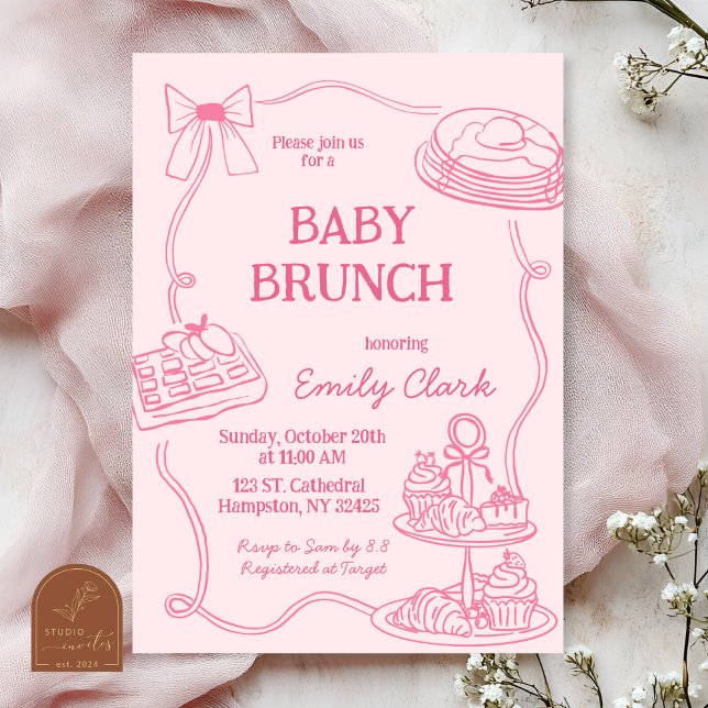 Hand Drawn Doodles Pink Baby Brunch Invitation (Creator Uploaded)