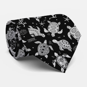 Hand drawn doodling sea turtle ethnic pattern tie