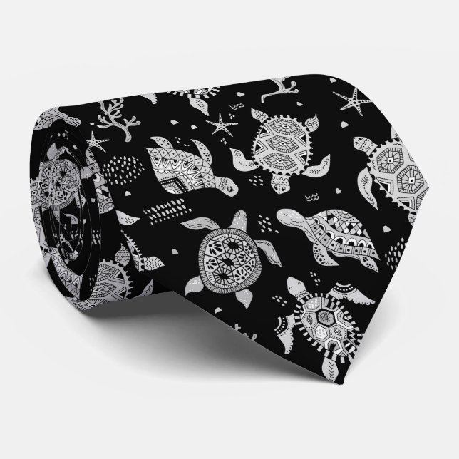 Hand drawn doodling sea turtle ethnic pattern tie (Rolled)