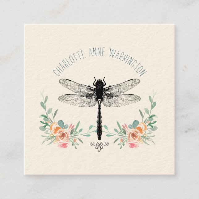 Hand Drawn Dragonfly Floral  Square Business Card (Front)