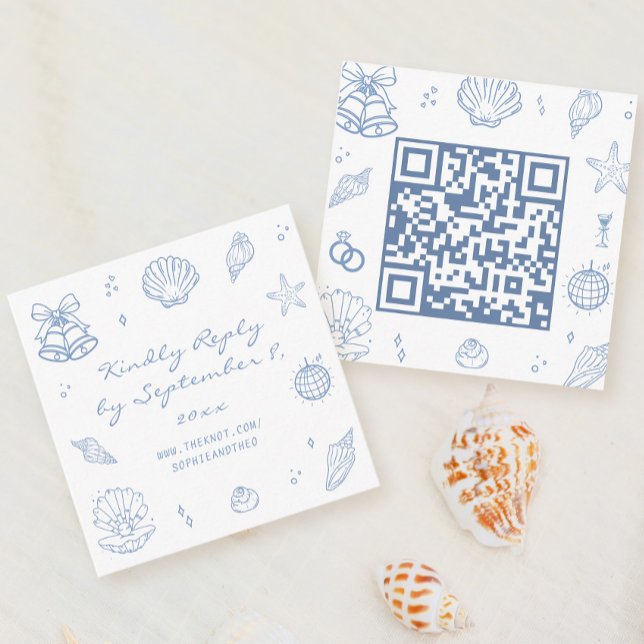 Hand Drawn Dusty Blue Coastal Wedding RSVP QR Code Enclosure Card (Creator Uploaded)