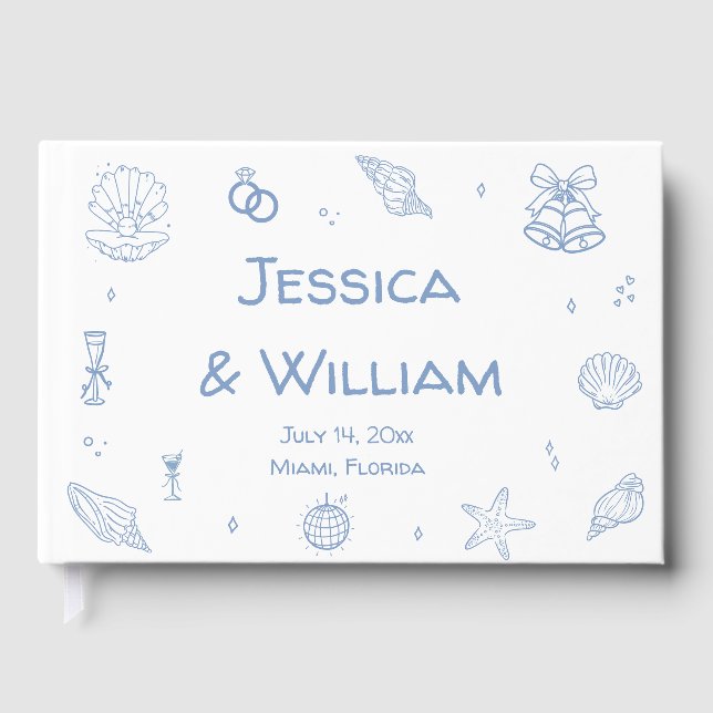 Hand Drawn Dusty Blue Seashells Coastal Wedding Guest Book (Front)