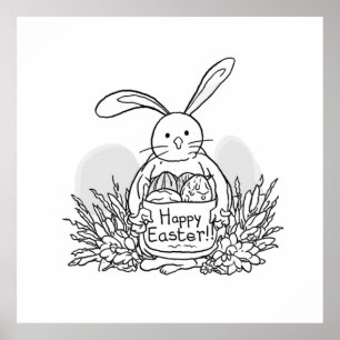 Hand Drawn Easter Bunny Coloring Style Spring Poster