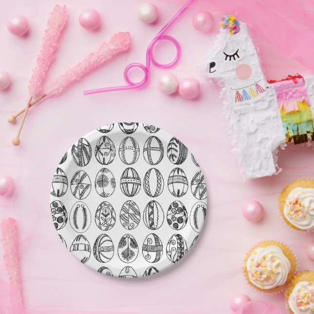 Hand Drawn Easter Eggs Line Drawing, Easter Party Paper Plate (Party)
