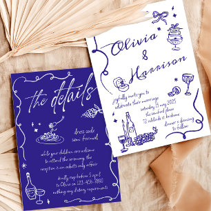 Hand Drawn Elegant Retro Blue Wedding Invitation