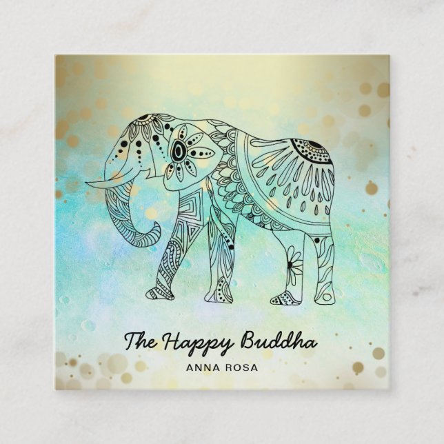 *~* Hand Drawn Elephant Pattern Buddha Gold Square Business Card (Front)