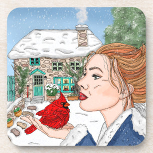 Hand Drawn English Cottage and Cardinal  Coaster