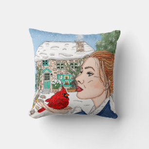 Hand Drawn English Cottage and Cardinal Throw Pillow
