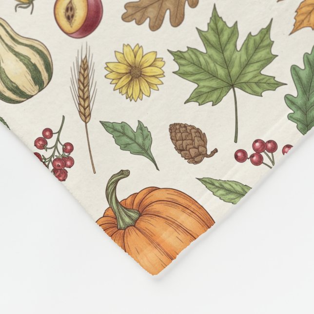 Hand-Drawn Engraving Style Fall Vegetable Fleece Blanket (Corner)