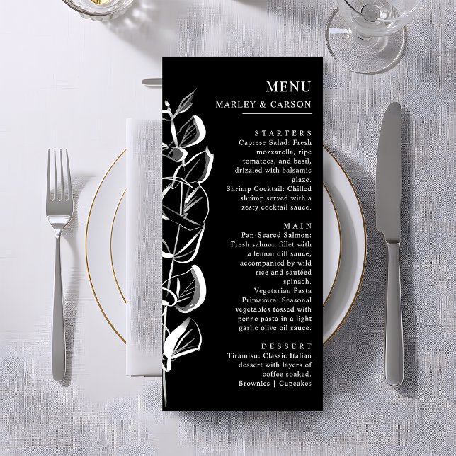 Hand Drawn Eucalyptus Sprig Sleek Black Wedding Menu (Creator Uploaded)