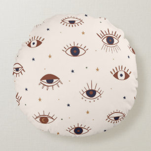 Hand Drawn Eyes Mystical Seamless Pattern. Evil Ey Round Pillow
