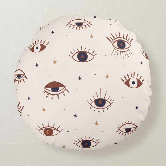 Hand Drawn Eyes Mystical Seamless Pattern. Evil Ey Round Pillow (Front)